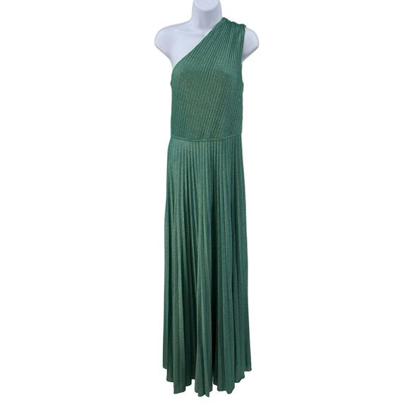 Boston Proper Green Shimmer One Shoulder Maxi Formal Dress Womens Size 6 Pleated - Picture 1 of 12